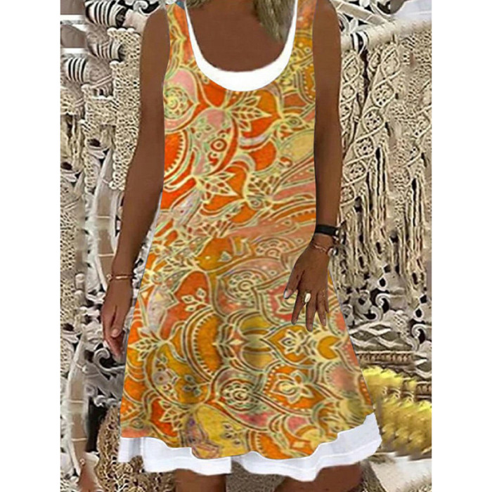 Fashion Butterfly Print Fake Two Piece Tank Top Bohemian Casual Dress