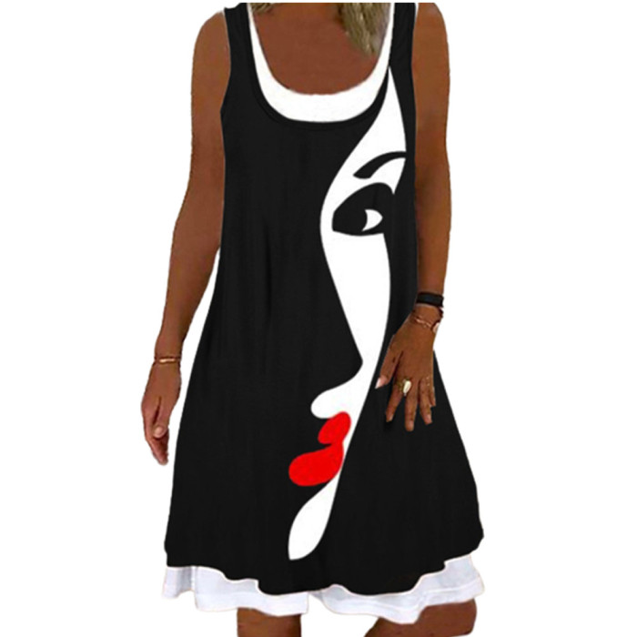 Fashion Fake Two-piece Sleeveless Shirt Print Polka Dot Casual Dress