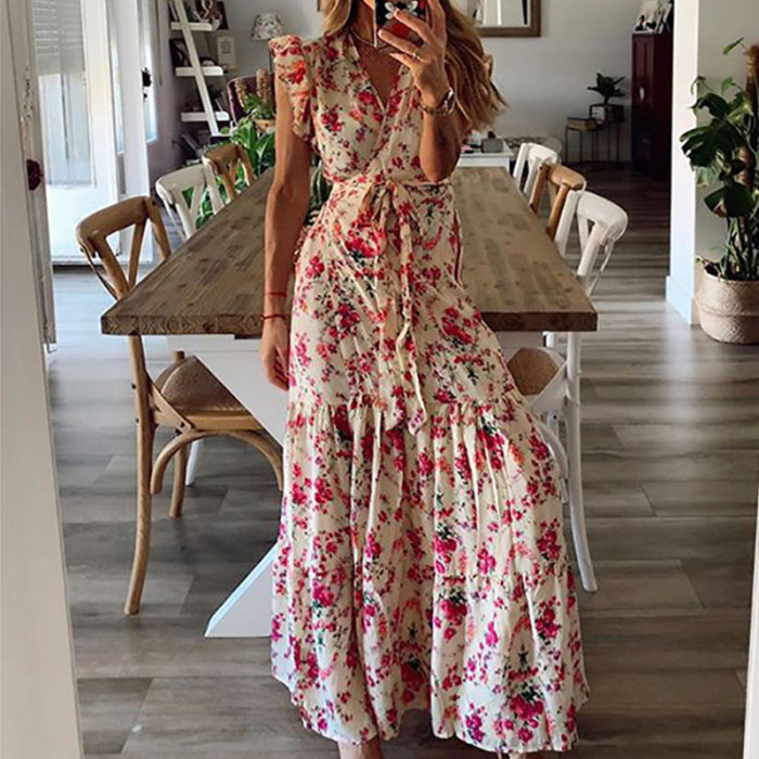 Sexy Women V Neck Party Vintage Print Boho Elegant Fashion Wedding Guest Dresses
