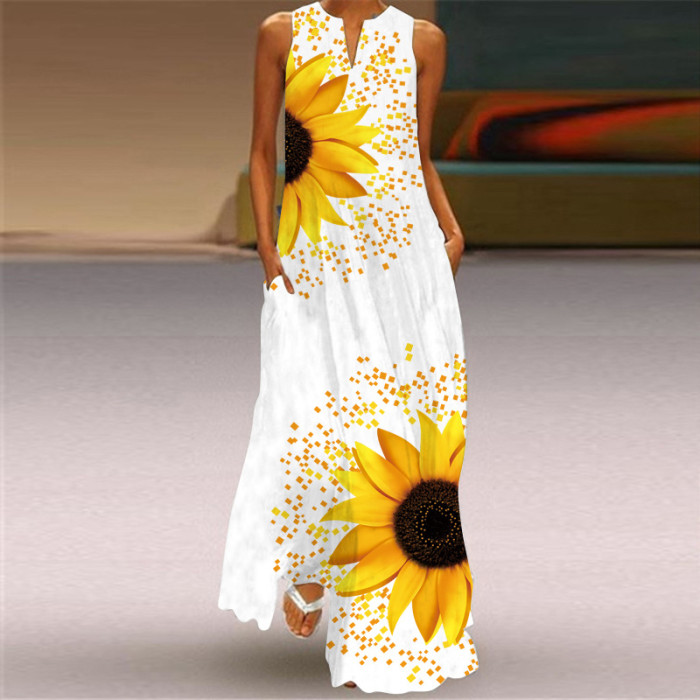 Ladies Casual Printed V Neck Holiday Beach Party Sleeveless A-Line Maxi Dress