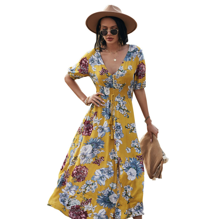 Sexy Floral Print V Neck Button Fitted Fringe Boho Wedding Guest Dresses
