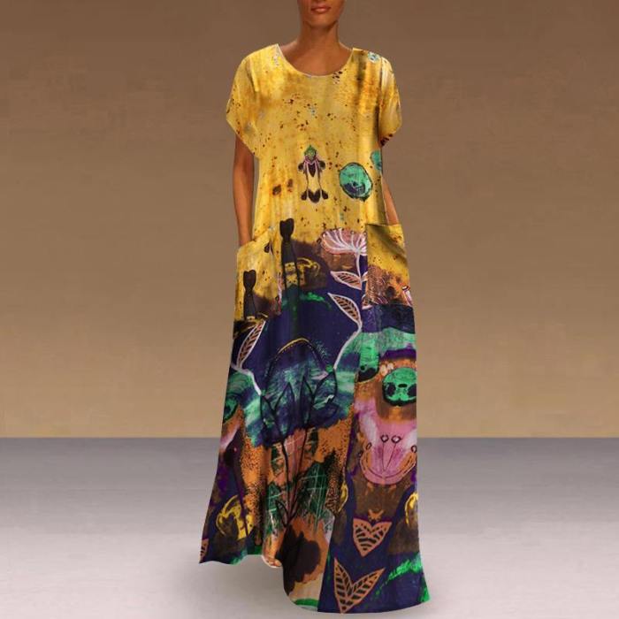 Fashion Elegant O Neck Boho Party Casual Vintage Print Maxi Dress