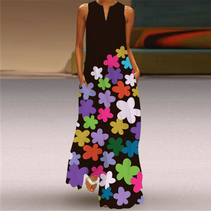 Ladies Casual Printed V Neck Holiday Beach Party Sleeveless A-Line Maxi Dress