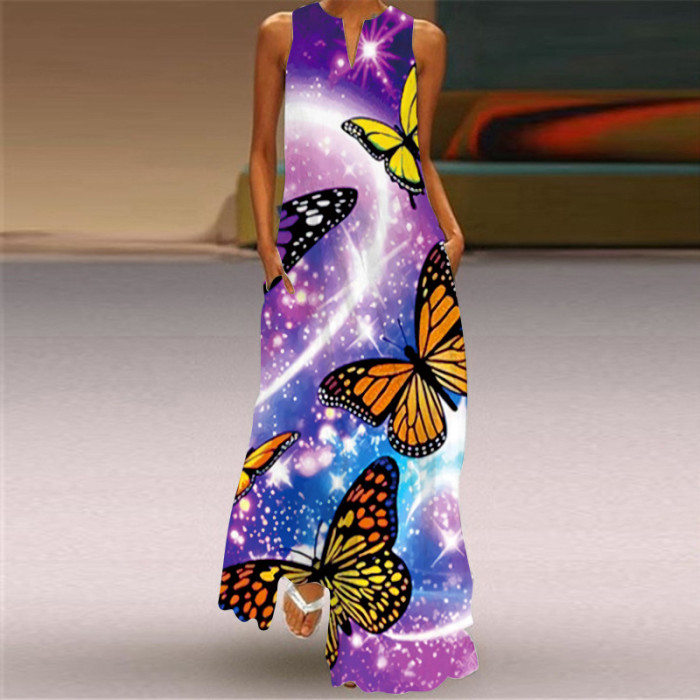 Trendy Sleeveless Print Beach Elegant V Neck Boho Party Wedding Guest Dresses