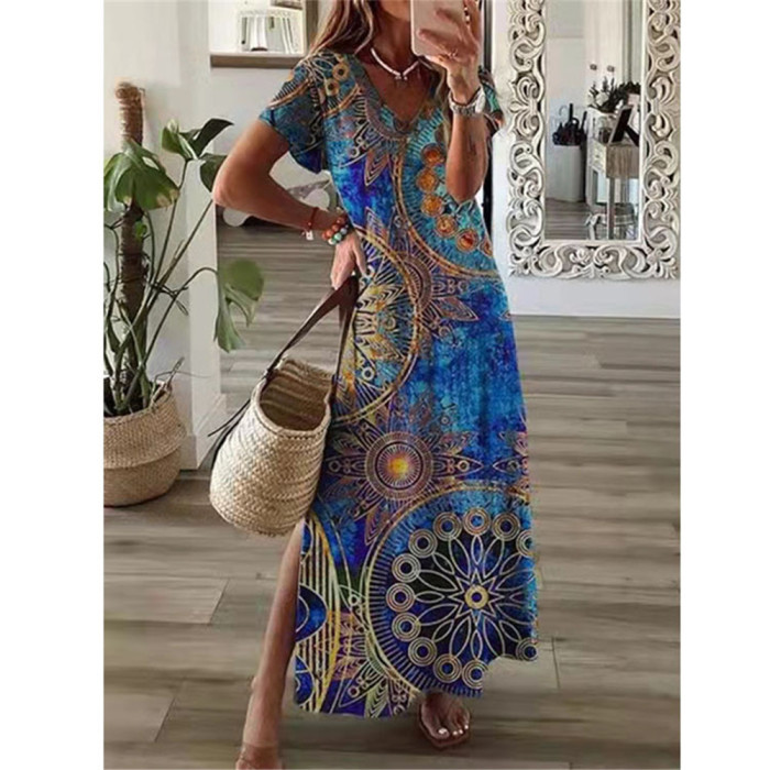 Fashion Floral Short Sleeve Elegant Party Loose Casual Maxi Dresses