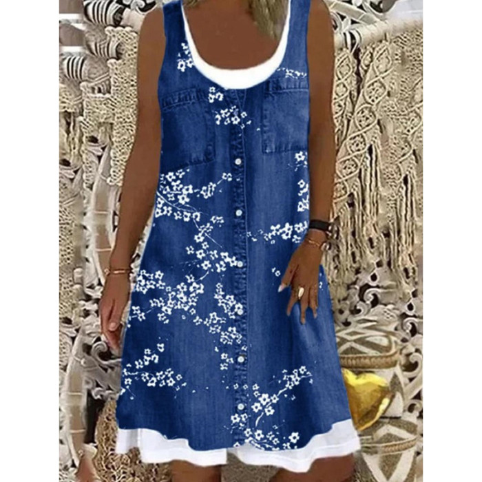 Fashion Butterfly Print Fake Two Piece Tank Top Bohemian Casual Dress