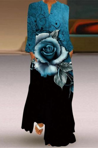 Vintage Print Fashion V Neck Long Sleeve Pocket Party Maxi Dress