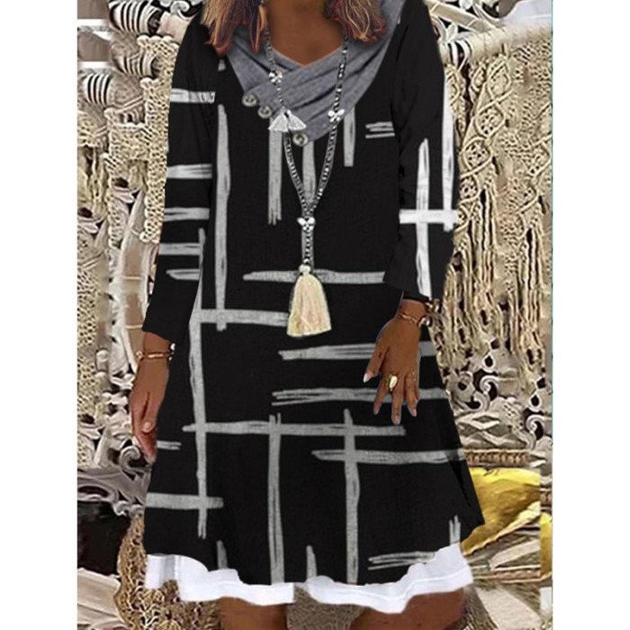Trendy Bohemian Geometric Print Long Sleeves False Two Piece Casual Dress