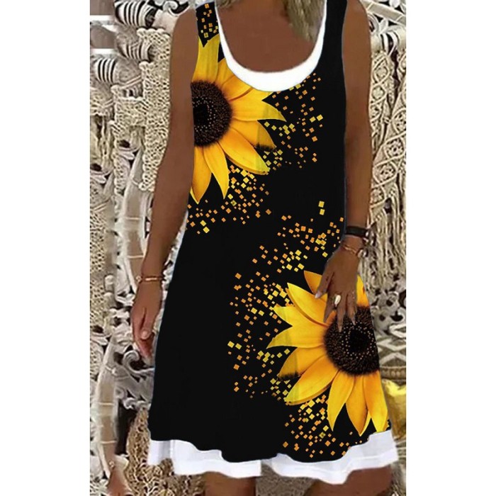 Fashion Floral Sleeveless Fake Two-piece Loose Casual Dress