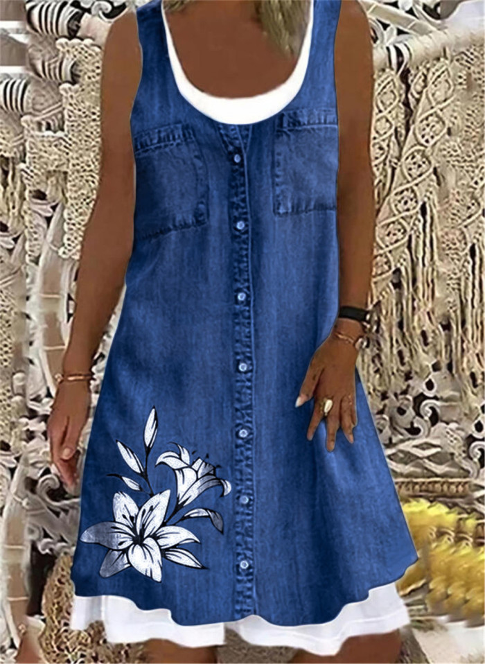 Fashion Fake Two-piece Sleeveless Shirt Print Polka Dot Casual Dress