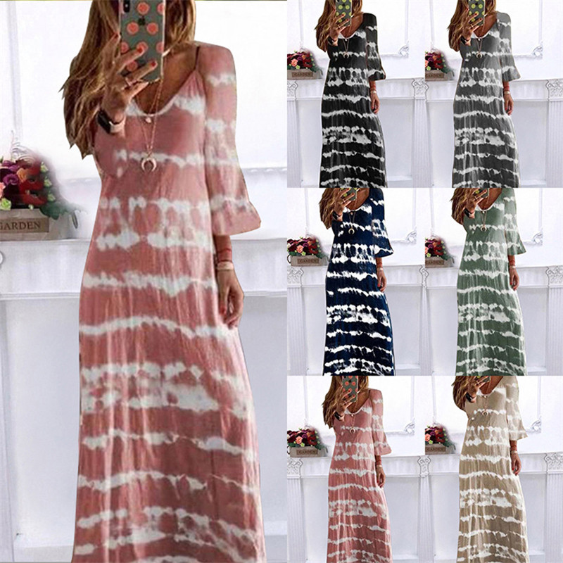 Fashionable V-neck Loose Casual Tie-Dye Printed Stripe  Maxi Dress