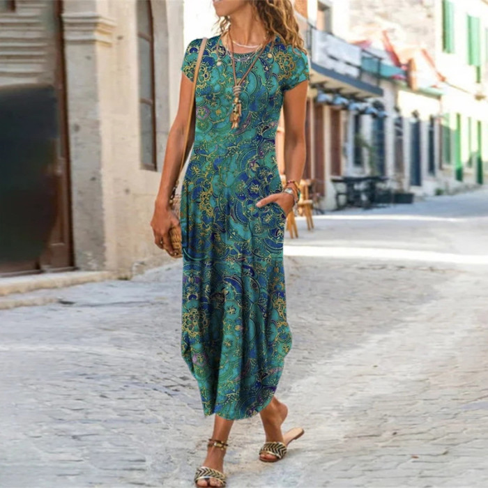 Fashion Floral Print Casual Short Sleeve Bohemian Retro Slim  Maxi Dress