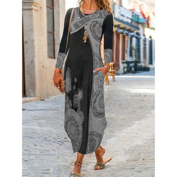 Womens Print Ethnic Bohemian Long Vintage Casual Dress