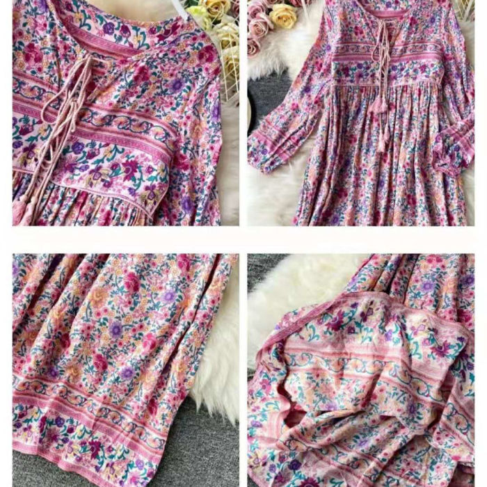 Trendy Long Sleeve Boho Vintage Elegant Printed O-Ring Fringe  Maxi Dress