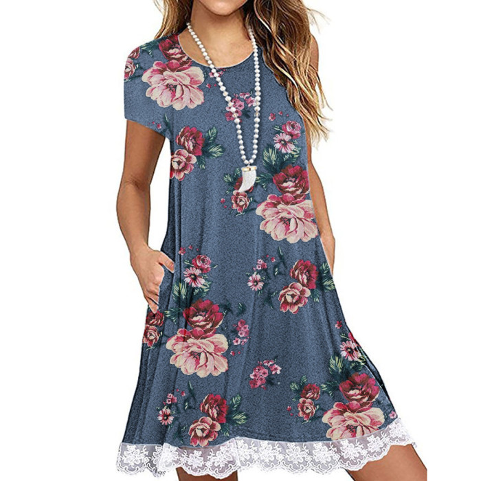 Lace Stitching Round Neck Elegant Party Fashion Irregular Casual Dress