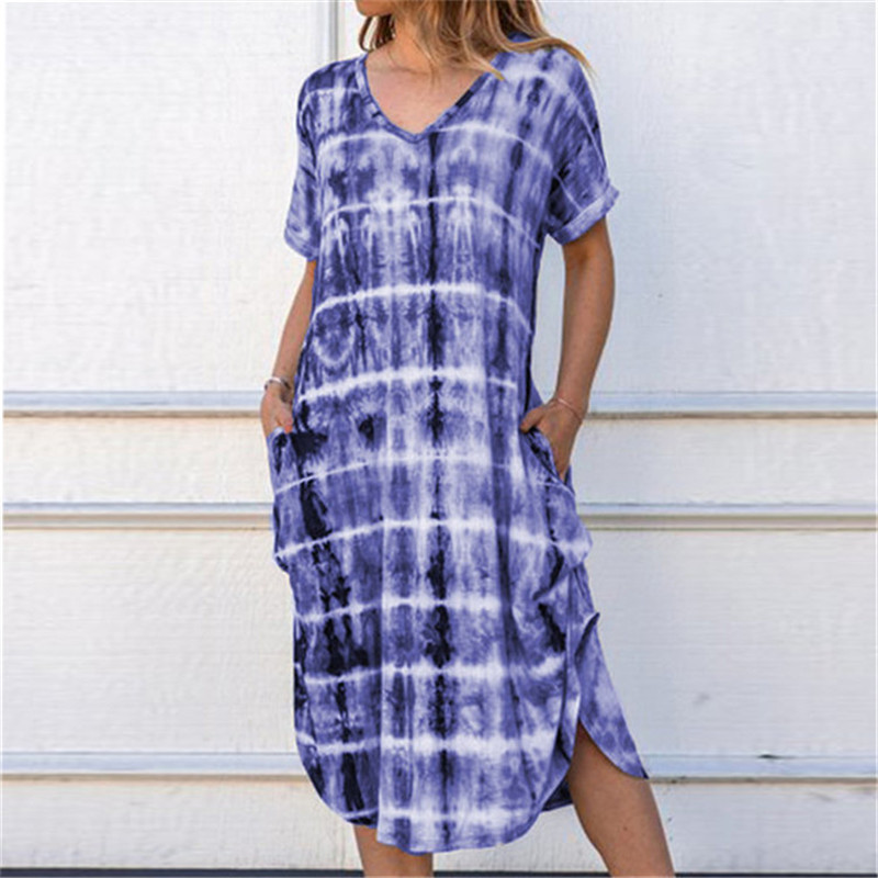 Fashion Casual Print V Neck Gradient Pocket Side Slit Maxi Dress