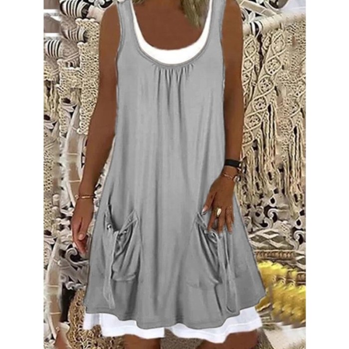 Women's Sleeveless Pocket Solid Color Bohemian Tank Top Casual Loose Dress