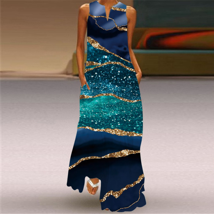 Trendy Sleeveless Print Beach Elegant V Neck Boho Party Wedding Guest Dresses