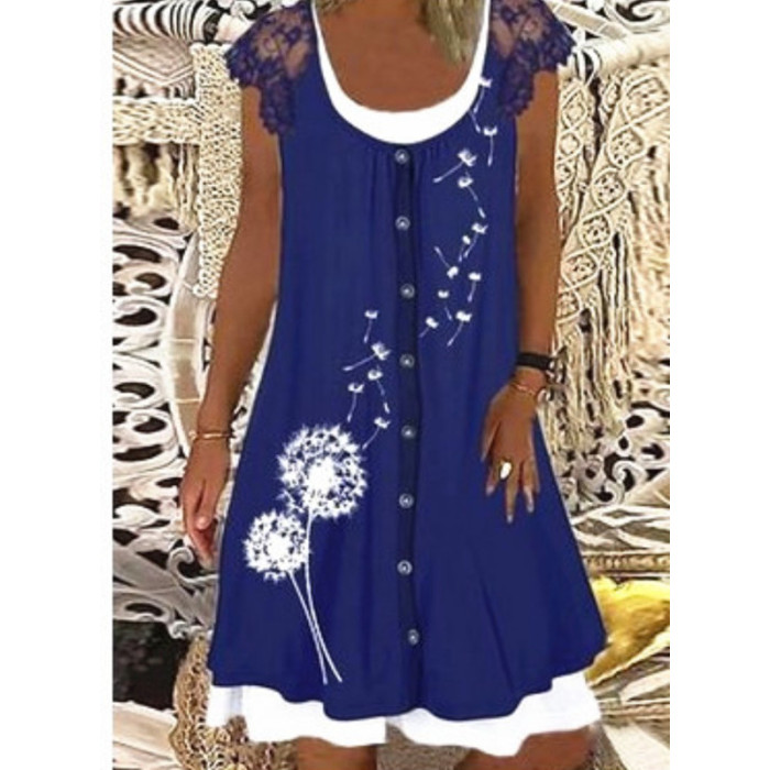 Sexy Lace Button O-Neck Print Casual Two-Piece Dress