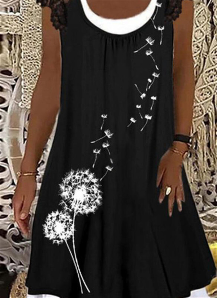 Fashion Sexy Lace Print Sleeveless O Neck Boho Casual Dress