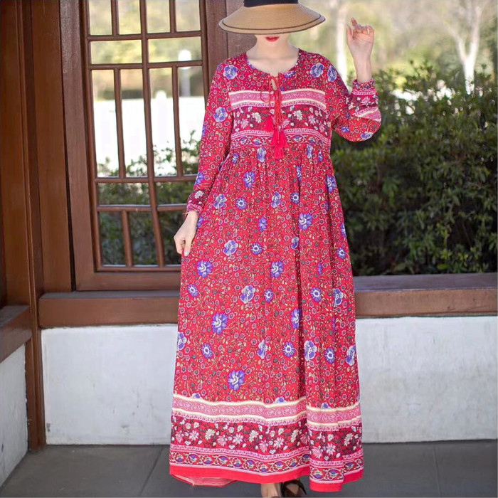 Trendy Long Sleeve Boho Vintage Elegant Printed O-Ring Fringe  Maxi Dress