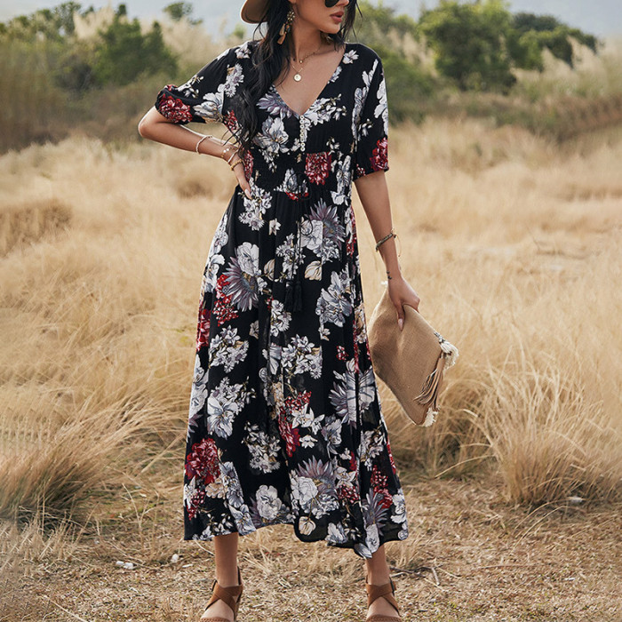 Sexy Floral Print V Neck Button Fitted Fringe Boho Wedding Guest Dresses