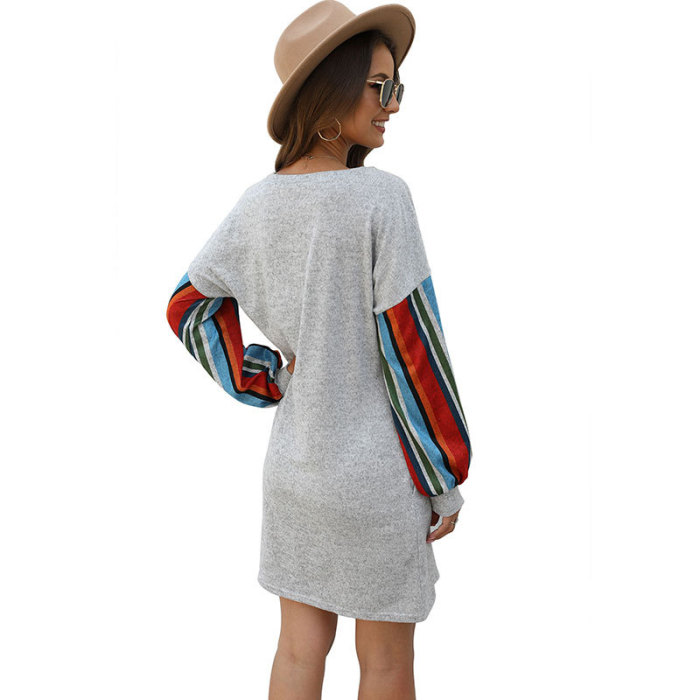 Color Stripe Mosaic Round Neck Loose Casual Dress
