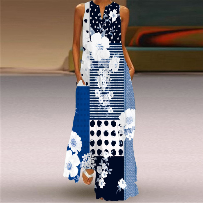 Trendy Sleeveless Print Beach Elegant V Neck Boho Party Wedding Guest Dresses