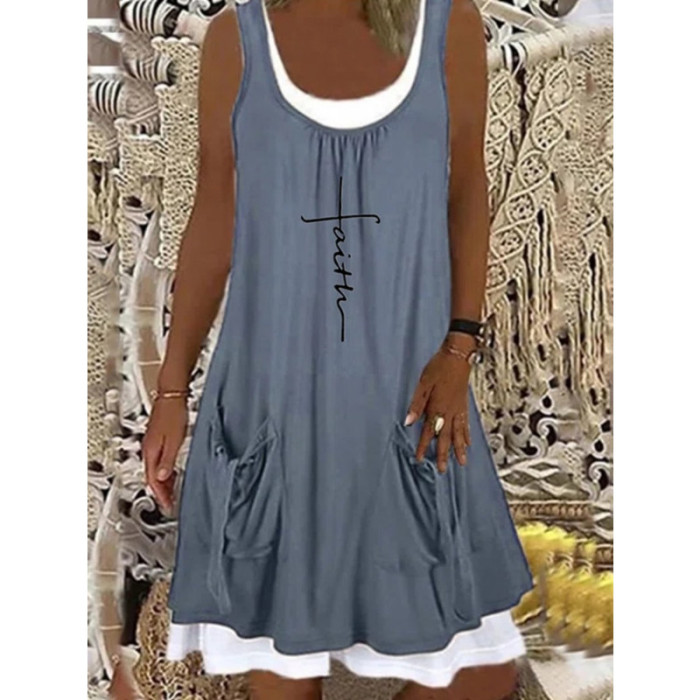 Fashion Print Sleeveless Loose Casual Bohemian Pocket Dress