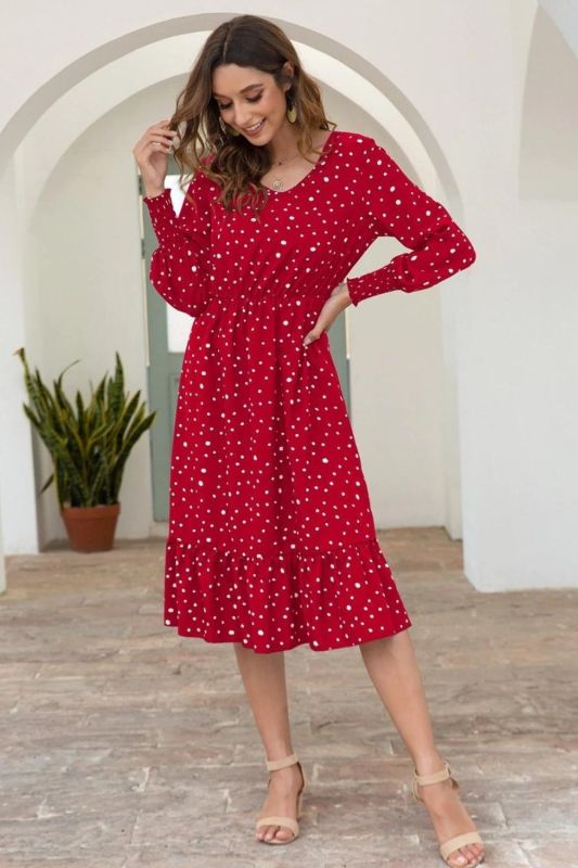 Polka Dot Print Casual V Neck Long Sleeve Fashion Bohemian Wedding Guest Dress