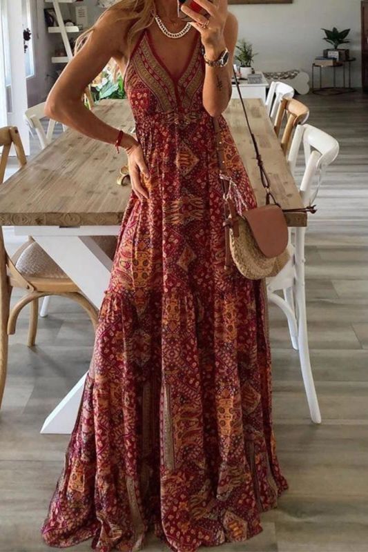 Sexy Women V Neck Party Vintage Print Boho Elegant Fashion Wedding Guest Dresses