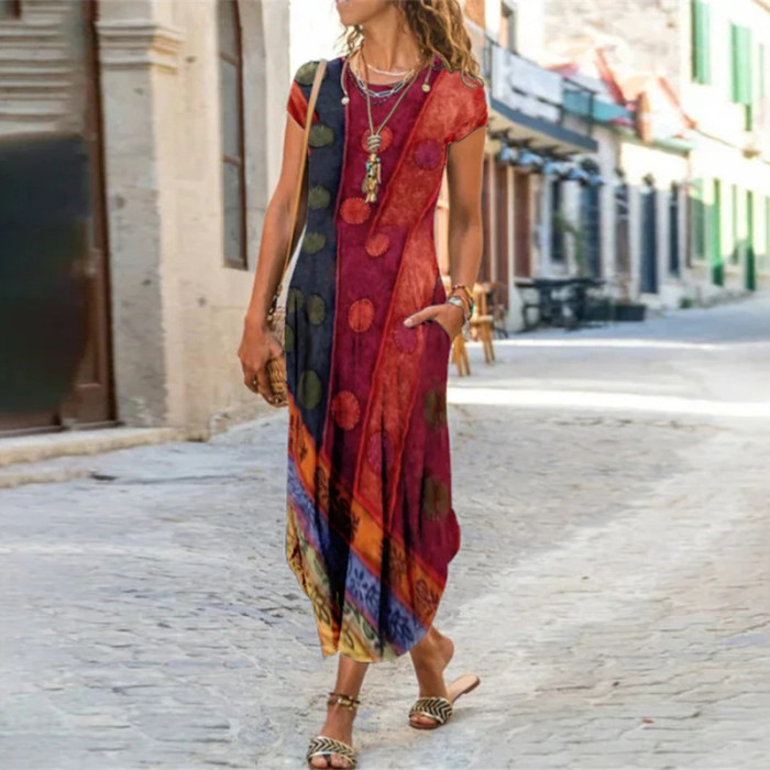 Fashion Floral Print Casual Short Sleeve Bohemian Retro Slim  Maxi Dress