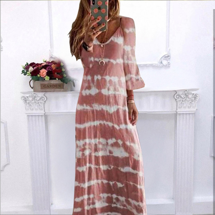 Fashionable V-neck Loose Casual Tie-Dye Printed Stripe  Maxi Dress