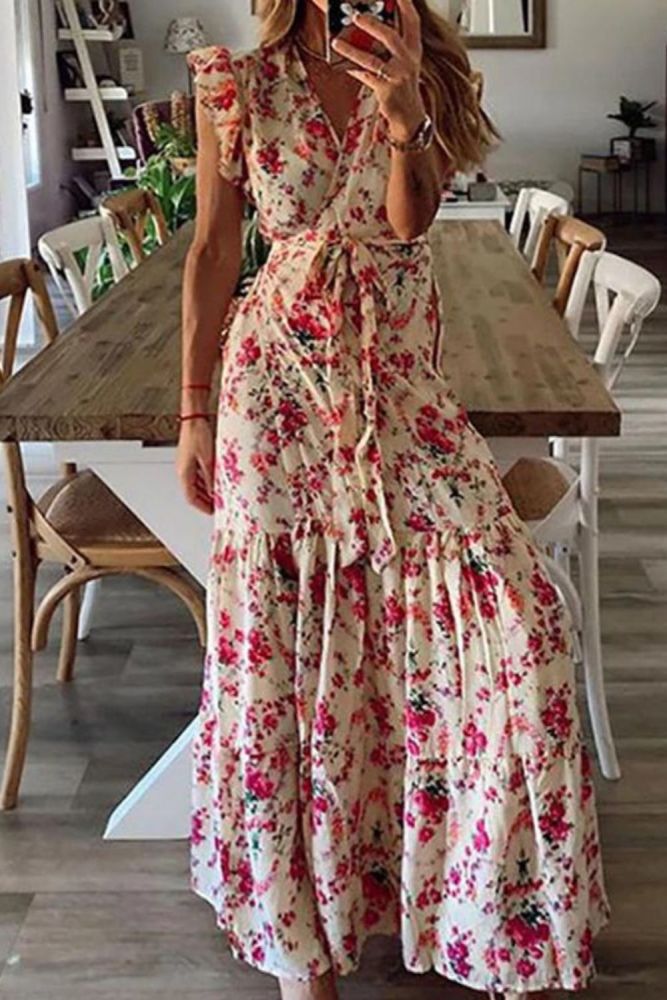 Fashion Print Casual V Neck High Waist Bohemian Ruffle Party Wedding Guest Dresses