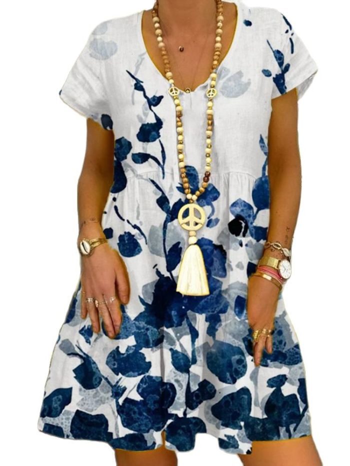 Sexy V Neck Floral Print Bohemian A-Line Loose Casual Dress