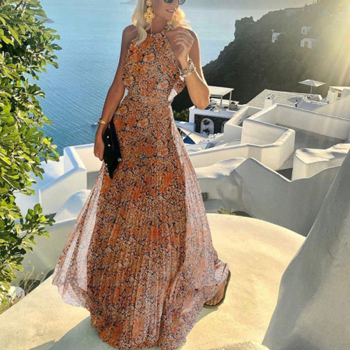 Vintage Print Loose Sexy Backless O-Neck Bohemian Fashion Elegant Wedding Guest Dresses