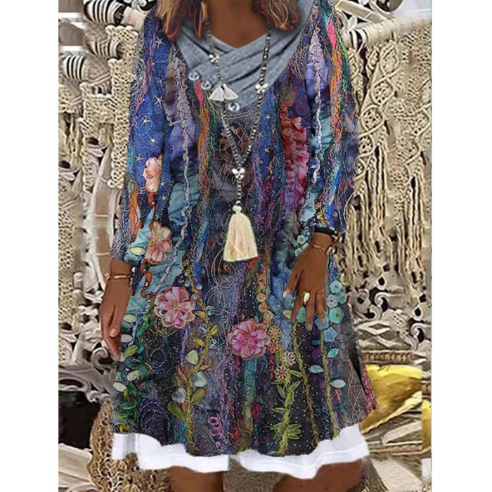 Trendy Bohemian Geometric Print Long Sleeves False Two Piece Casual Dress