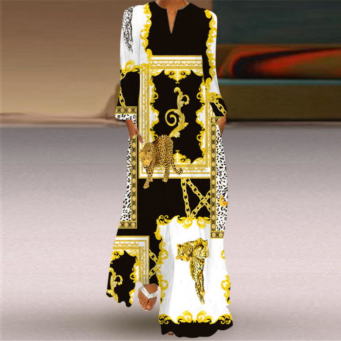 Vintage Print Fashion V Neck Long Sleeve Pocket Party Maxi Dress