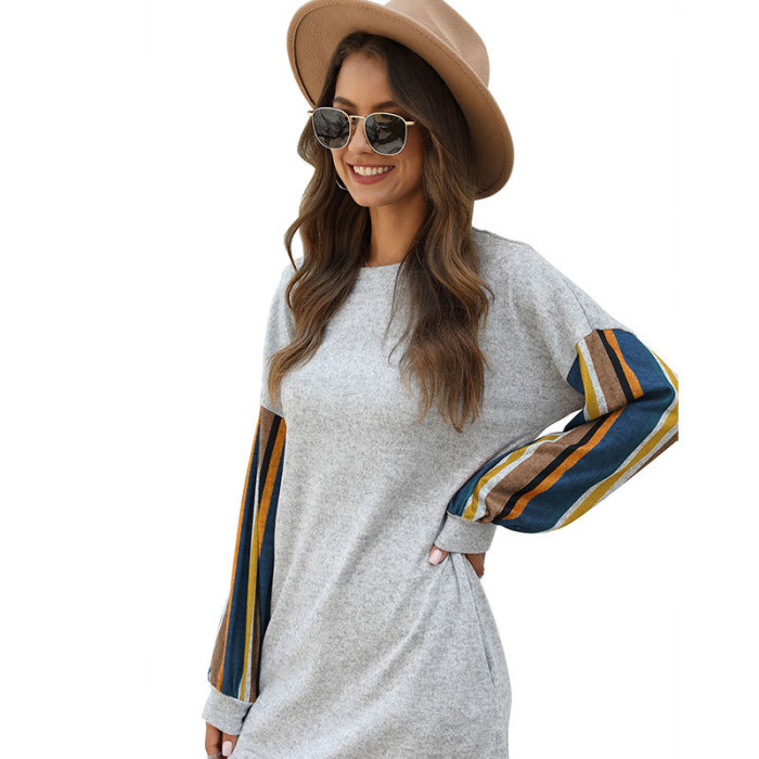 Color Stripe Mosaic Round Neck Loose Casual Dress
