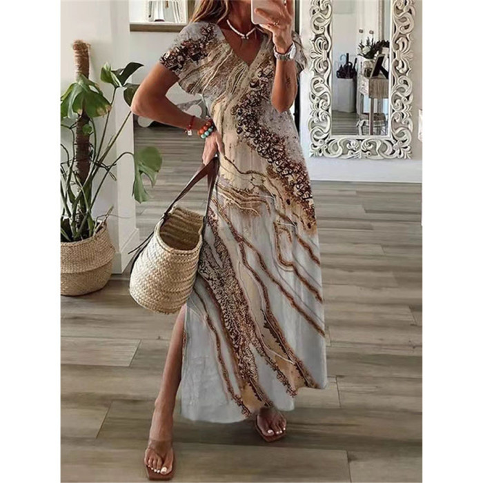 Fashion Floral Short Sleeve Elegant Party Loose Casual Maxi Dresses