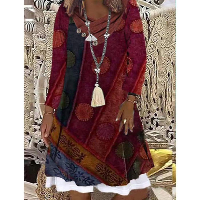 Trendy Bohemian Geometric Print Long Sleeves False Two Piece Casual Dress