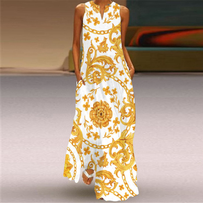 Trendy Sleeveless Print Beach Elegant V Neck Boho Party Wedding Guest Dresses