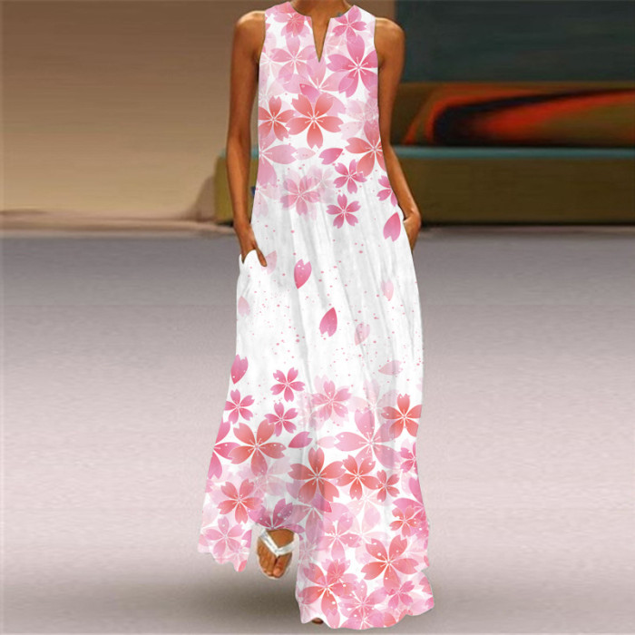 Ladies Casual Printed V Neck Holiday Beach Party Sleeveless A-Line Maxi Dress
