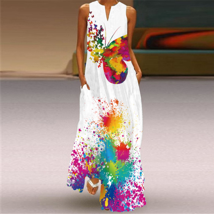 Ladies Casual Printed V Neck Holiday Beach Party Sleeveless A-Line Maxi Dress