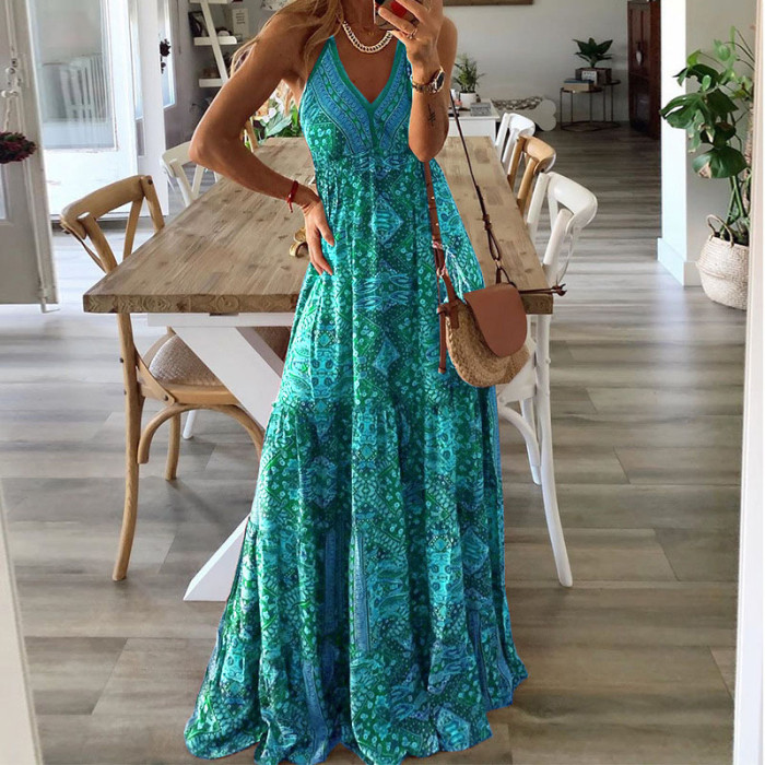 Sexy Women V Neck Party Vintage Print Boho Elegant Fashion Wedding Guest Dresses