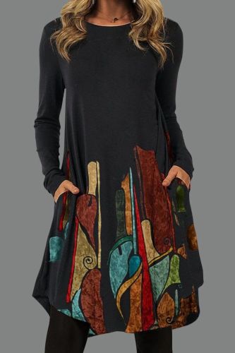 Fashion Print Boho Vintage Long Sleeve Casual Loose  Dress