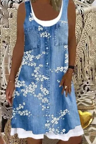 Women's Floral Print Faux Tank Top O Neck Casual Dress