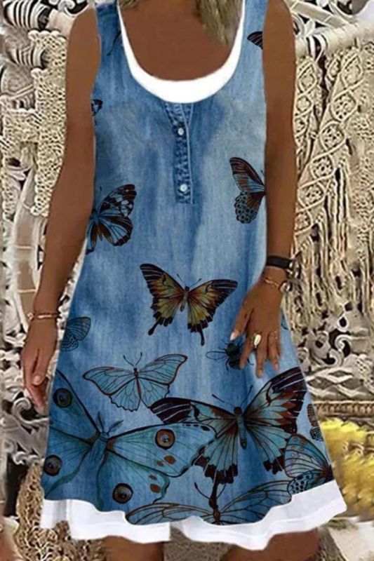 Fashion Butterfly Print Fake Two Piece Tank Top Bohemian Casual Dress