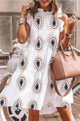 Elegant Ruffle Sleeveless Printed Party Asymmetric Loose Casual Dress