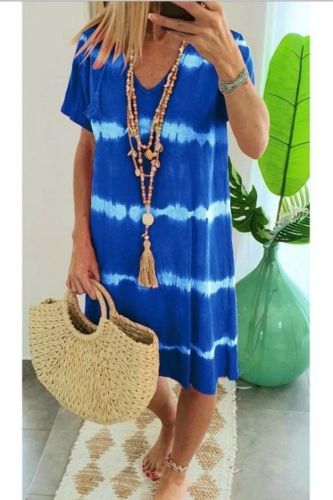 Trendy Tie Dye Short Sleeve Printed V Neck Loose Bohemian Casual Beach Dress